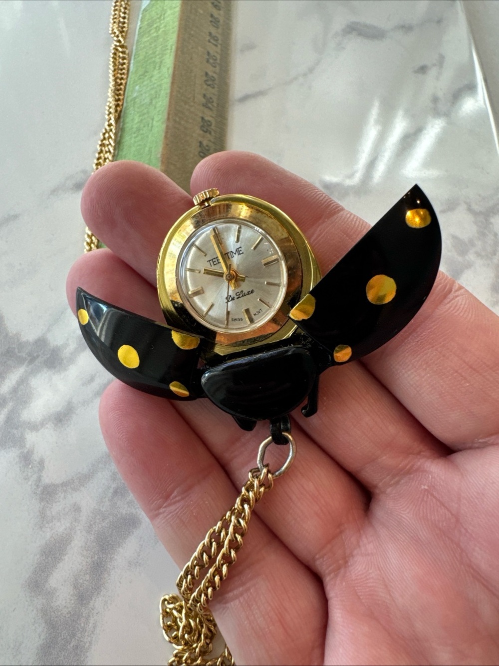 Black & Gold Ladybug Pendant Watch Necklace